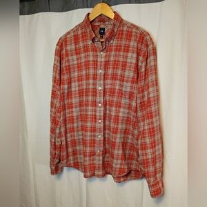 Gap Plaid Button-Down Shirt Khaki Gray Orange Long Sleeve Men's XL